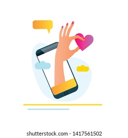 Giving likes. Like us concept for social media, blog, vlog, web, banner, print, card. Hand holding a heart Vector illustration. 