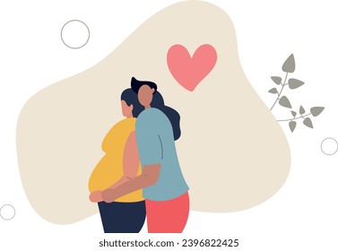 giving love. flat vector illustration.husband hugs pregnant wife