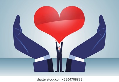 Giving love, kindness, selflessness, charitable donations, compassion, understanding or helping others, the businessman holds aloft this huge heart shape in the middle of a protective hand