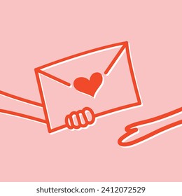 giving love letter envelope with heart and love message, hands receiving confession letter for Valentines day, pink and red combo, hand drawn vector illustration