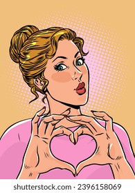 Giving love is most important. The girl shows her heart with her hands. The company supports and respects its customers. Pop Art Retro Vector Illustration Kitsch Vintage 50s 60s Style