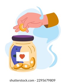 giving money in jar, charity and donation, helping people in need, and caring for others. Assistance and help for poor and homeless. Offering financial aid. Vector in flat style illustration