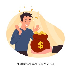 Giving money to man. Lucky one won lottery, metaphor for a satisfied website user. Special offers for regular customers, discounts and promotions on website. Cartoon flat vector illustration