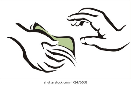 giving a money symbol from one hand to another