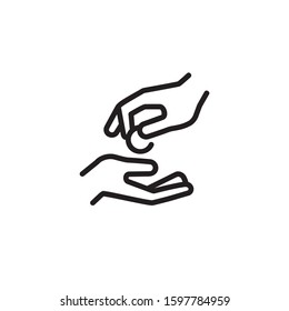 Giving money thin line icon. Human hands, donation, help isolated outline sign. Finance, investment, help concept. Vector illustration symbol element for web design