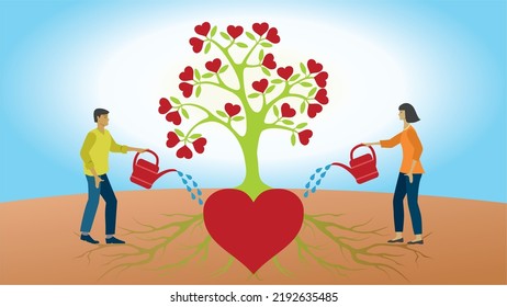 Dar nutrición para amar el árbol de corazón. Un par riego su relación. Dimensión 16:9. Ilustración vectorial.