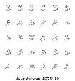 Giving and present concept. Collection of modern outline symbols for web sites, advertisment, internet shops, stores etc. Line icons of various items on outstretched hand 