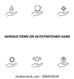 Giving and present concept. Collection of modern outline symbols for web sites, advertisment. Line icon of cross, face mask, programm code, drops over hand 
