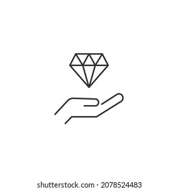 Giving and present concept. High quality editable strokes in flat style. Suitable for advertisig, web sites, online shopes, stores etc. Line icon of diamond over hand

