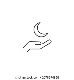 El concepto de dar y presentar. trazos editables de alta calidad en estilo plano. Adecuado para publicidad, sitios web, tiendas en línea, tiendas, etc. Icono de línea de la Luna sobre la mano 