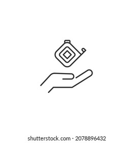Giving and present concept. High quality editable strokes in flat style. Suitable for advertisig, web sites, online shopes, stores etc. Line icon of tape measure over hand

