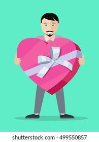 Giving present concept. Man standing with heart shaped gift box decorated ribbon and bow flat vector illustration isolated on green background. Birthday, valentine, christmas, mother's day celebrating