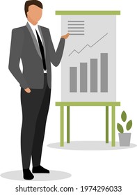 Giving presentation in office flat color vector faceless character. Business plan. Introducing financial results. Administrative work isolated cartoon illustration for web graphic design and animation