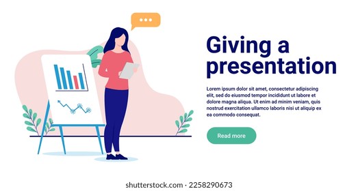 Giving a presentation - Woman standing alone talking in front of whiteboard flipover. Flat design vector illustration with white background and copy space for text