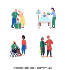 Dar presenta un conjunto de caracteres detallado y sin fachada de color plano. Hombre en silla de ruedas. Niño en la cama de la clínica. Recibir regalos ilustraciones de dibujos animados aislados para el diseño gráfico web y la colección de animación