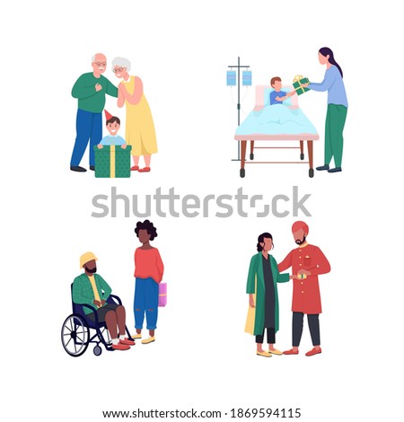 Giving presents flat color vector faceless, detailed character set. Man in wheelchair. Boy in clinic bed. Receive gifts isolated cartoon illustration for web graphic design and animation collection