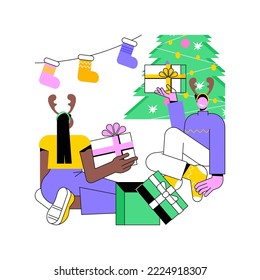 Giving presenta ilustraciones aisladas de vectores de dibujos animados. Pareja dándose regalos navideños unos a otros, amigos divirtiéndose, celebraciones de vacaciones de invierno, regalos para ocasión especial de dibujos vectoriales.