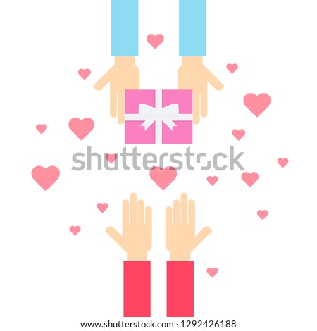 Giving presents for Valentine Day concept in flat style. One person giving gift to another. Love and affection demonstration