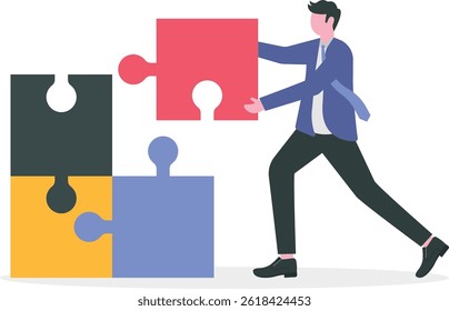 giving proper solution concept, team work illustration, businessman solving the problem with team

