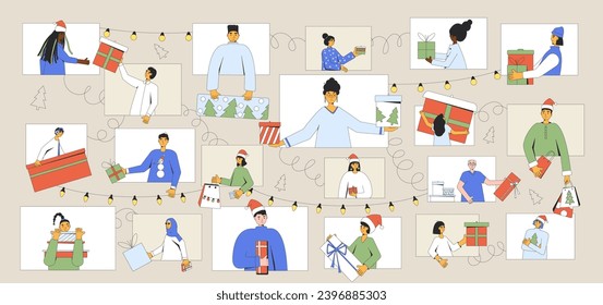 Giving and receiving Christmas gifts online. Celebrate Xmas from afar. Virtual event. New Year's characters with presents and gift boxes. Vector illustration