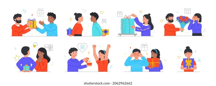 Giving and receiving gifts. Collection of images in which characters delight each other. Set of pictures from holidays, celebration. Cartoon flat vector illustrations isolated on white background