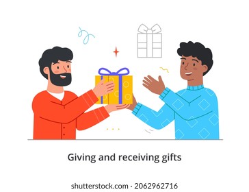 Giving and receiving gifts. Man gives box to friend, celebration, party. Surprise for loved one, birthday. Father makes his son happy for christmas or new year. Cartoon flat vector illustration