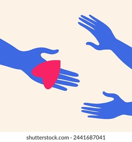 Giving and receiving kindness, palm with heart and hands in need of help flat vector illustration. Concept of love, charity, philanthropy and donation. Hand drawn design card background cartoon style