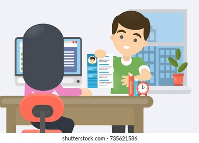 Giving the resume. Man bring resume for the new job.