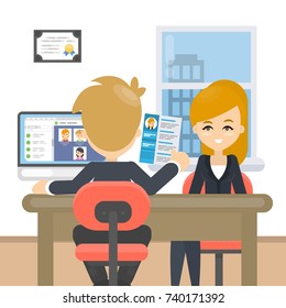Giving the resume. Woman bring resume for the new job.