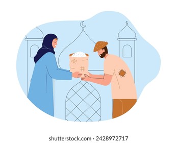 Giving rice to underprivileged people, Muslim vector illustration.