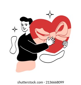 Giving and sharing love. Character hugs heart. Present, gift and surprise. Good, volunteer and charity. Concern for others and donations. Self love and positive. Cartoon flat vector illustration