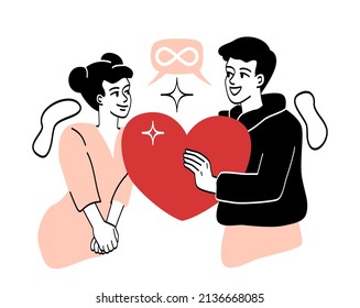 Giving and sharing love. Man and girl holding heart. Metaphor of married couple, date and romantic meeting. Social media stickers, valentines day card design. Cartoon flat vector illustration
