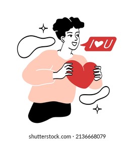Giving and sharing love. Young guy gives heart. Declaration of love, boyfriend. Character and care, gift or surprise. Card design for valentines day or 8 March. Cartoon flat vector illustration