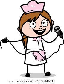 Giving Speech on Mic - Retro Cartoon Waitress Female Chef Vector Illustration