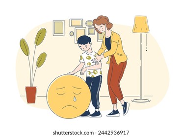 Giving support for son simple. Mother with child near big smile. Good relations in family. Kid with negative feelings and emotions. Doodle flat vector illustration isolated on white background
