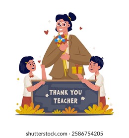 Giving a surprise flower bouquet for teachers day, Cartoon character of student with thank you message for teacher, Vector illustration