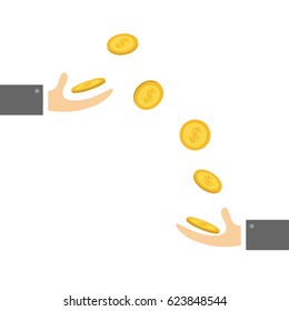 Giving taking Hands with falling down golden coin money dollar sign. Helping hand concept. Flat design style. Business support credit icon set. White background. Vector illustration.