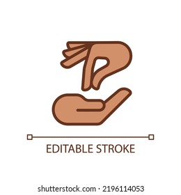 Giving and taking hands pixel perfect RGB color icon. Interaction process. Charity and help. Isolated vector illustration. Simple filled line drawing. Editable stroke. Arial font used