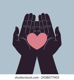 Dar o tomar el amor gesto de la mano. Manos abiertas con las palmas abiertas. Manos sujetando cuidadosamente el corazón. Ilustración de vector