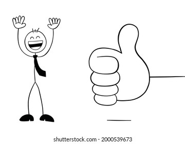 Giving thumbs up and stickman businessman character very happy, vector cartoon illustration. Black outlined and white colored.
