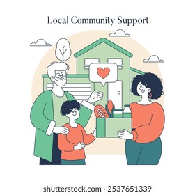 Giving Tuesday concept. Family donates food to local charity, promoting generosity and community solidarity. Unified support during holidays. Vector illustration.