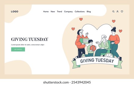 Giving Tuesday concept. Generosity and community support depicted through donation and volunteering actions. Charitable event illustration. Vector illustration.