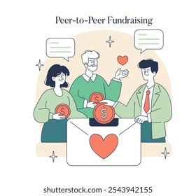 Giving Tuesday concept. Illustration of friends engaging in peer-to-peer fundraising with generosity and teamwork. Charitable giving and community support. Vector illustration.