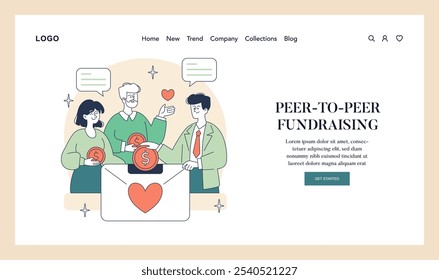 Giving Tuesday concept. Illustration of individuals engaged in peer-to-peer fundraising activities. Donation, community support, online charity work. Vector illustration.