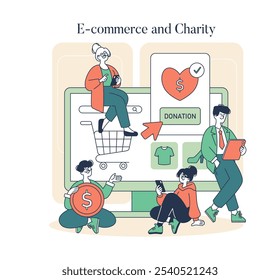 Giving Tuesday concept. Illustration of online shoppers and donations integrating charity with e-commerce. People making a digital contribution. Vector illustration.