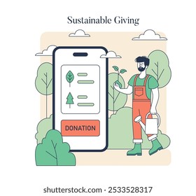 Giving Tuesday concept. An illustration showing digital donations supporting environmental causes, with a gardener and trees. Charitable giving and eco-activism. Vector illustration.