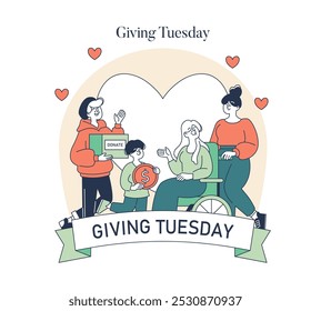 Giving Tuesday concept. People engaging in charity, symbolized by donation box and monetary support. Generosity and community support spirit. Vector illustration.