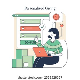 Giving Tuesday concept. A woman engages in online charitable donations, choosing causes to support on her laptop. Digital philanthropy and generosity scene. Vector illustration.