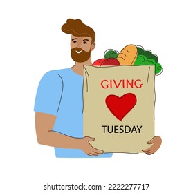 Giving Tuesday, illustration of a man making a donation. Vector cartoon doodle flat banner for social media