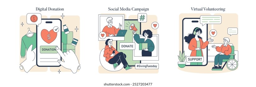 Giving Tuesday set. Engaging in charity through online donations, social media involvement, and virtual volunteering. Generosity and support in digital formats. Vector illustration.